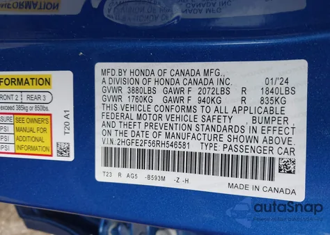 2024 Honda Civic Sport z USA, uszkodzony, nr VIN 2HGFE2F56RH546581